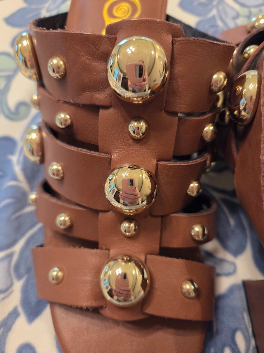 Golo Worthy Brown Gold Studded Itailan Leather Slide Block Heeled Sandal - Picture 3 of 4